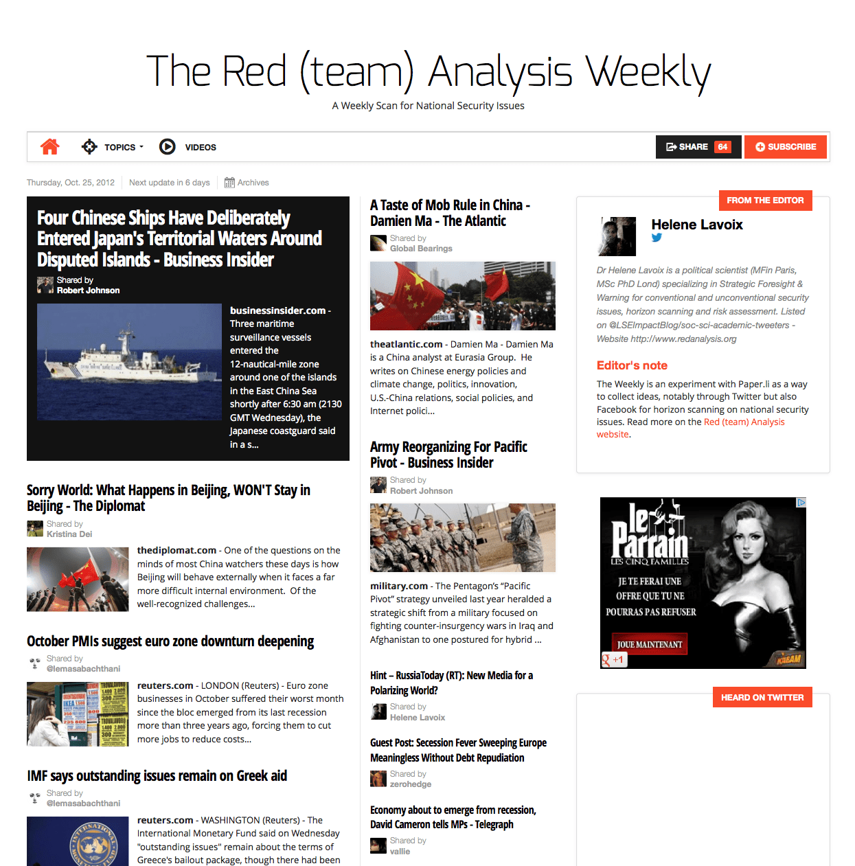 The Red (team) Analysis Weekly 2012-10-25 - Analyse d'horizon pour la sécurité nationale