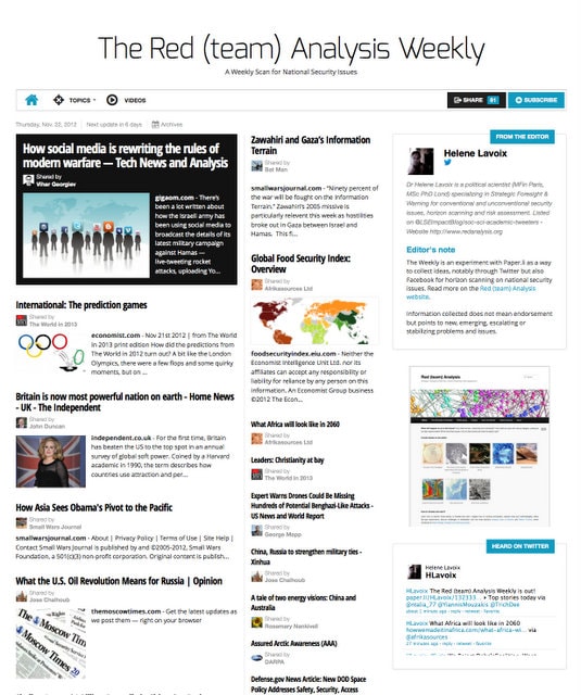 The Red (team) Analysis Weekly 2012-11-22 Analyse d'horizon pour la sécurité nationale - réseaux sociaux et guerre