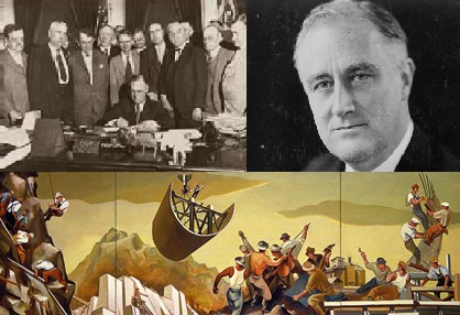 The New Deal, By LordHarris at en.wikipedia, Public domain,, via Wikimedia Commons - Top left: The Tennessee Valley Authority, part of the New Deal, being signed into law in 1933. Top right: FDR (President Franklin Delano Roosevelt) was responsible for the New Deal. Bottom: A public mural from one of the artists employed by the New Deal's WPA program. New deal, multi dimensional stabilisation program, stabilisation, protests